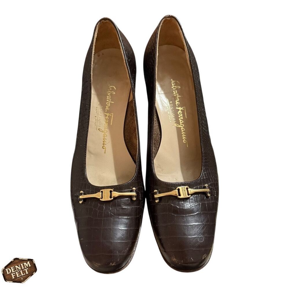 Salvatore Ferragamo Brown Croc-Embossed Vara Block Heels Gold Bit Buckle